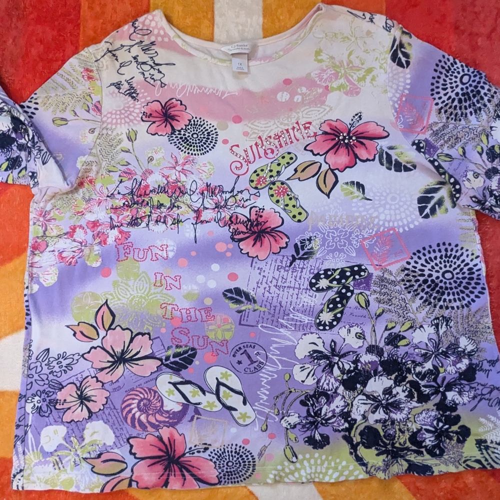 **SALE** CJ Banks Women's 1X Fun In The Sun T-Shirt Jeweled Beach Summer - Picture 2 of 9